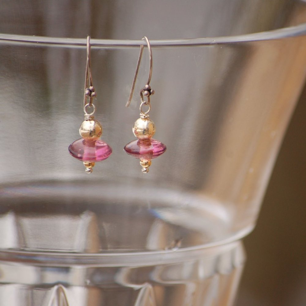 Purple Glass Silver and Gold Earrings